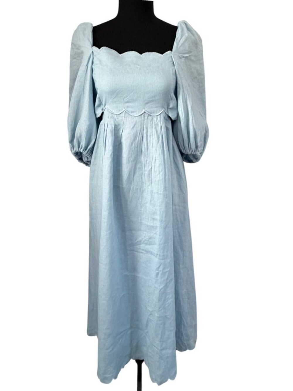 MABLE Scalloped Blue Linen Midi Dress Puff Sleeves Small